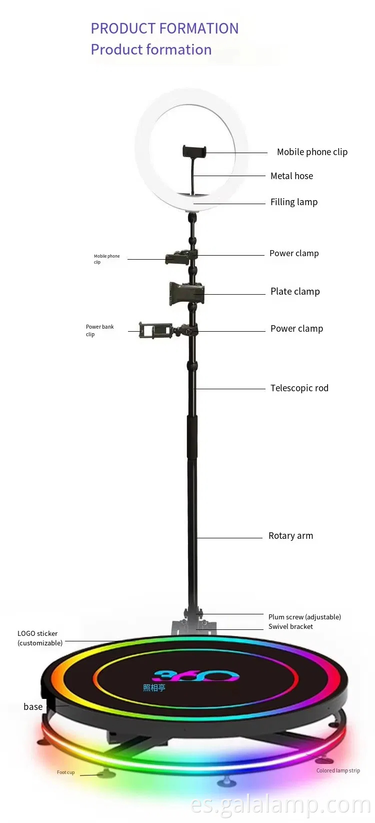 Dispositivo de cámara envolvente de 360 grados, rotación automática, selfies vivos